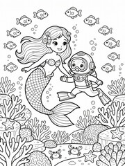 Fototapeta premium Mermaid and little scuba diver coloring page