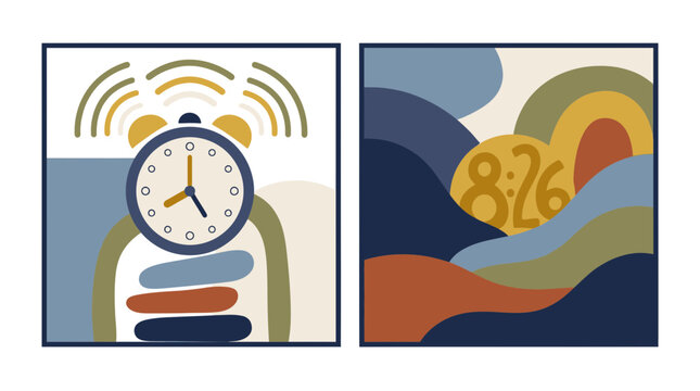Abstract alarm clock and digital time art duo.