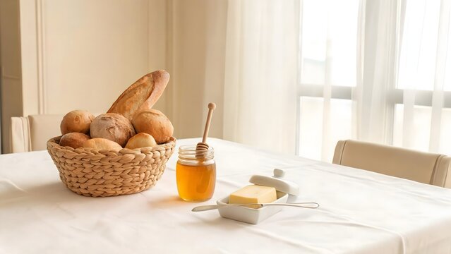Breakfast table with bread honey and butter