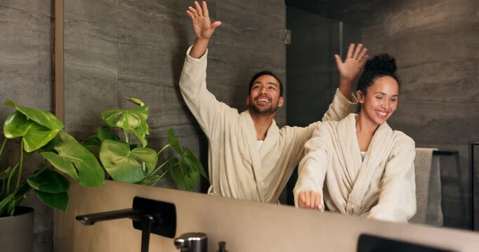 Dance, mirror and singing with couple in bathroom of home for bonding or morning routine. Having fun, reflection and rhythm with happy people in apartment together for hygiene, support or wellness