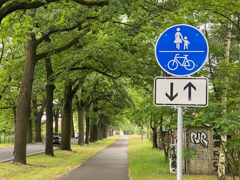 Gemeinsamer Geh- und Radweg in gr&uuml;ner Allee. Verkehrsmotiv f&uuml;r nachhaltige Mobilit&auml;t, Radfahren, Fu&szlig;g&auml;nger, Stadtplanung, Umweltschutz und sichere Verkehrswege.