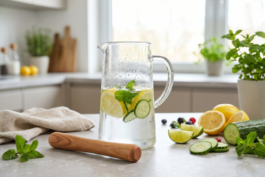 Fresh fruit-infused water in pitcher with muddler on kitchen counter  