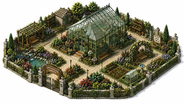 Isometric Victorian garden with glass greenhouse, botanical conservatory landscape with pond and pergola, detailed garden architecture vector illustration