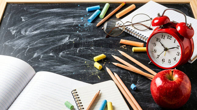 School supplies on a chalkboard with apple, clock, and notebooks