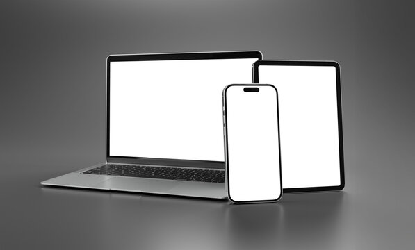 Modern devices laptop smartphone and tablet silver color. Side view. 3d rendering mockup on clean dark background