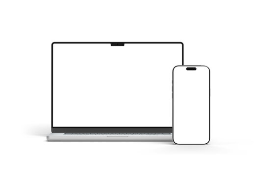 Modern devices laptop and smartphone silver color. Front view. 3d rendering mockup on clean white background