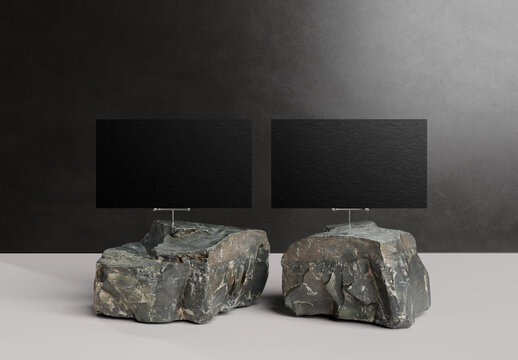 Two business cards on stone stands Mockup - 3d rendering
