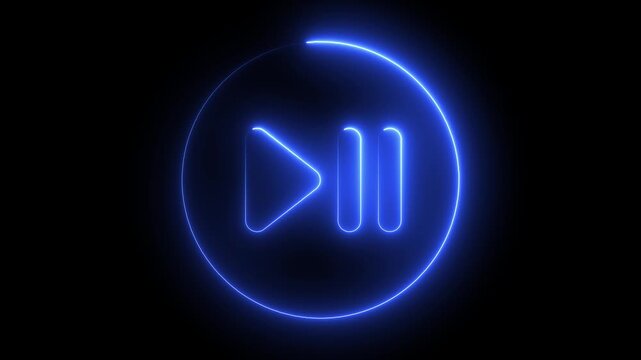 Neon blue glowing play and pause media control button animation on black background, light