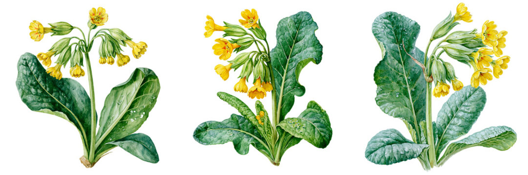 watercolour painting of cowslip plant isolated on white transparent background - design element cut-out object