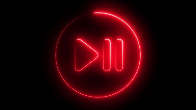 Glowing red neon play and pause button symbol animation on black background, light