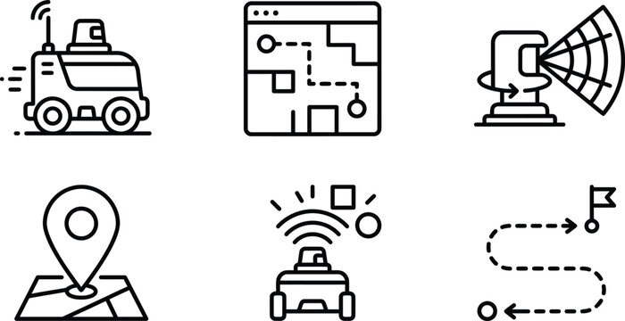 Autonomous navigation and smart mapping sensor technology line icons