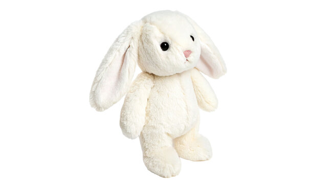 Cute small white plush toy rabbit standing isolated on transparent background cut out