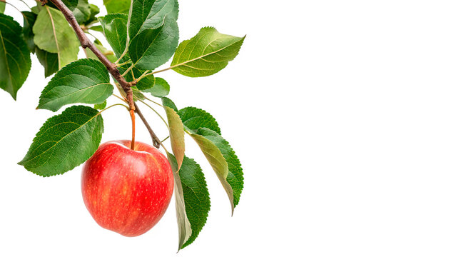 Bright red apple growing on a branch with green leaves isolated on transparent background cut out