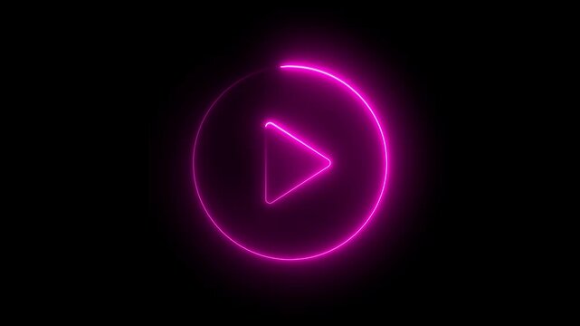 Neon pink glowing play button animation on black background, magenta
