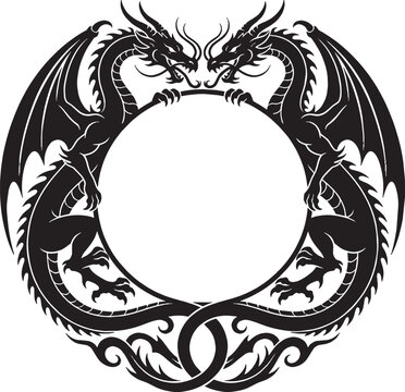 Two black dragons forming a circle emblem illustration isolated on transparent background, Vector