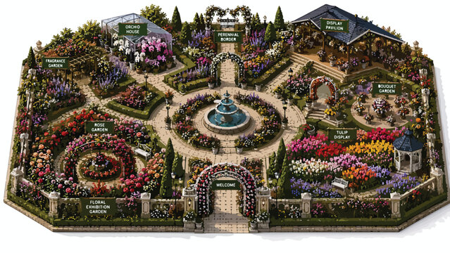 Isometric botanical garden map with fountain and greenhouse, detailed landscape design vector, floral park layout with rose garden and pavilion