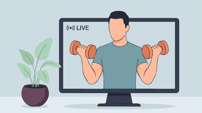 Man doing online live fitness workout with dumbbells on computer screen