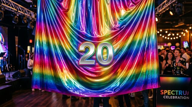 Rainbow flag with 20th anniversary celebration.