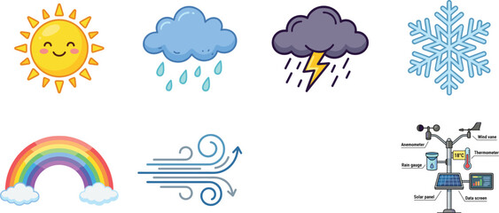 Obraz premium Weather Icons Vector Set with Climate Forecast and Meteorology Symbols