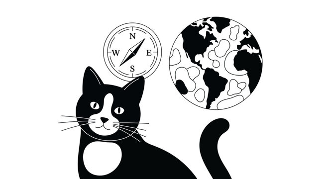 Curious Cat with Compass and Globe - Exploration Concept