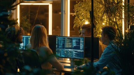 Obraz premium Diverse team of young professionals collaborating on computer screens in a office at night