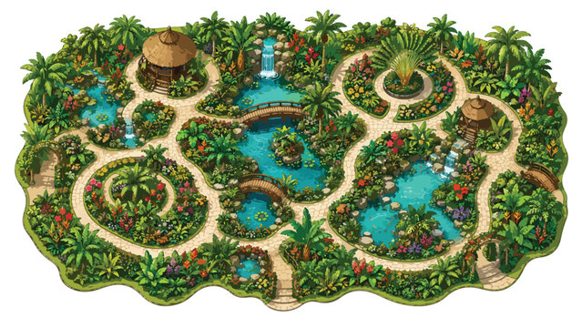 Tropical garden landscape vector, exotic island resort map with palm trees and waterfalls, lush botanical park illustration with ponds and jungle paths