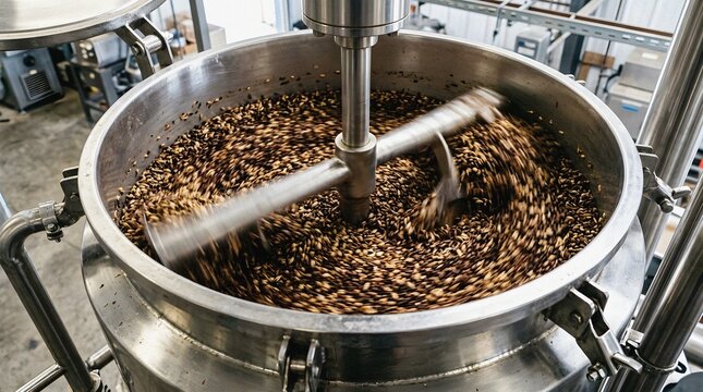 Malted Barley Grains Mixing in Industrial Vat for Craft Beer Brewing Process