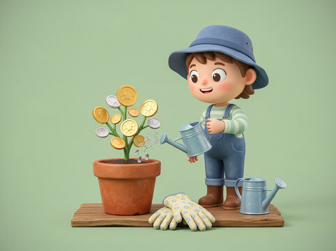 A cheerful cartoon child wearing a hat waters orange tulips in a terracotta pot on a wooden surface in a 3D rendered illustration.