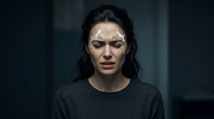 Fototapeta premium Woman suffering from severe migraine headache with glowing golden cracks on forehead. Metaphor for mental breakdown, stress, anxiety and psychological pain. Concept of inner pressure.