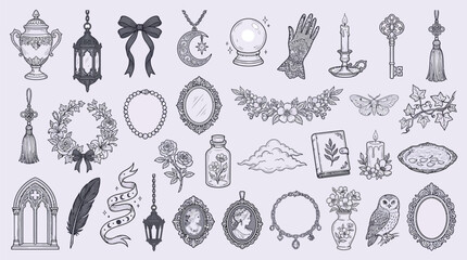 Obraz premium A collection of mystical and magical elements, including a crystal ball, keys, and celestial symbols, presented in a vintage illustration style.