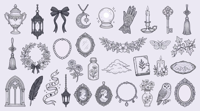 A collection of mystical and magical elements, including a crystal ball, keys, and celestial symbols, presented in a vintage illustration style.