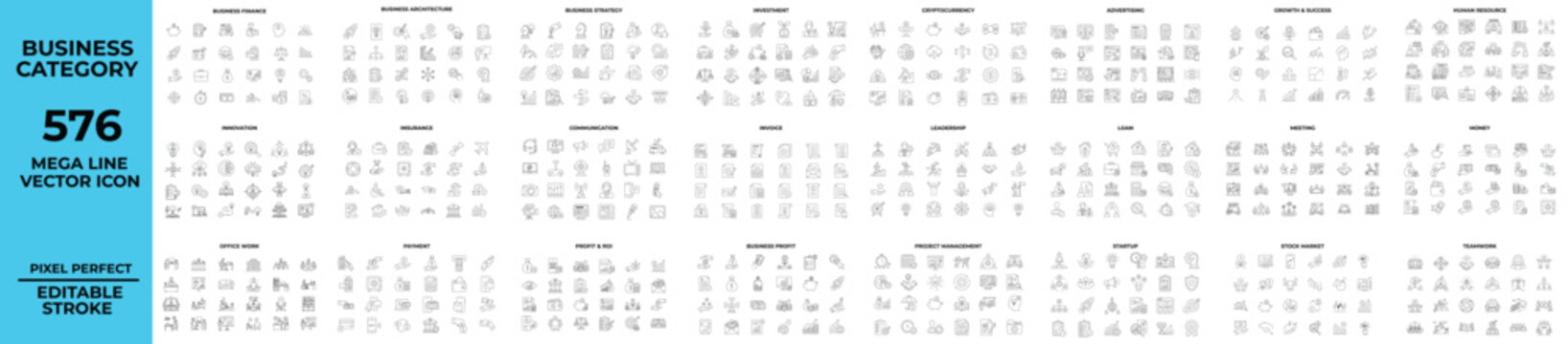 Business Mega Bundle of 576 Editable Stroke Line Vector Icons Collection Featuring Finance Strategy Marketing Startup Leadership Investment Human Resources Project Management Teamwork 