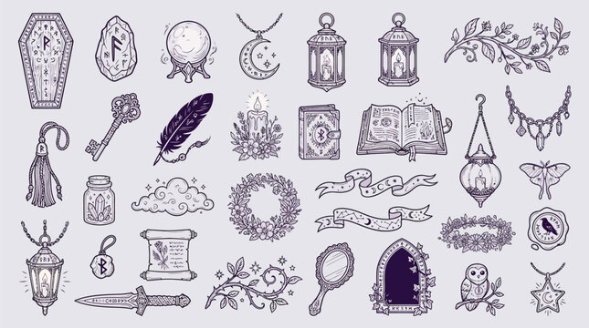 Collection of mystical and magical symbols, objects, and elements for occult and witchcraft themes.