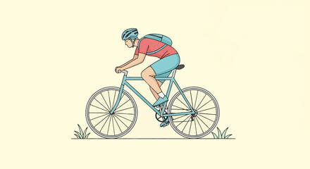 Obraz premium Minimalist vector illustration of a male cyclist riding a light blue road bicycle wearing a red jersey, teal shorts, helmet, and backpack against a plain pale yellow background.