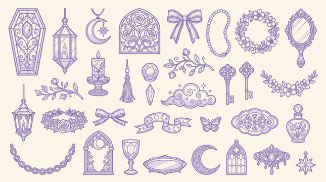 A collection of vintage-inspired gothic and whimsical decorative elements in purple tones, including keys, moons, coffins, and floral motifs.