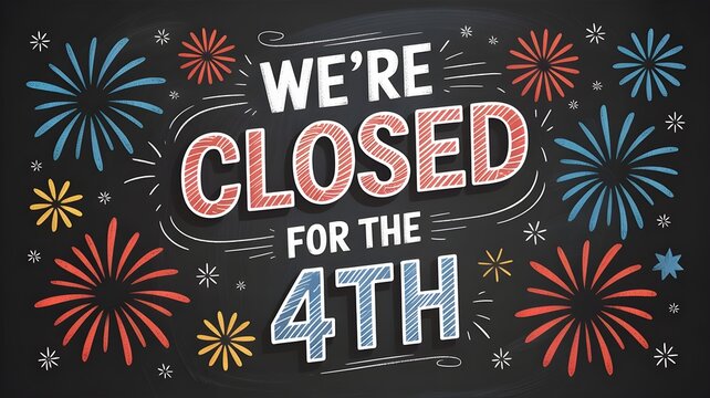 We are closed for the 4th of july holiday sign, chalkboard style illustration with fireworks, independence day closure announcement, festive patriotic holiday banner
