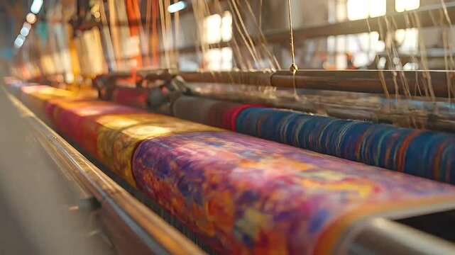 Close up of a traditional weaving loom with colorful patterned fabric