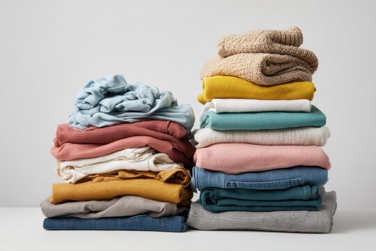 Neatly folded colorful stack of casual clothing and knitwear
