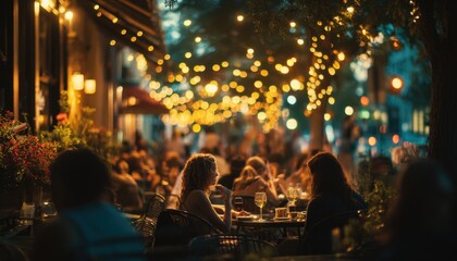 Fototapeta premium People enjoying a lively evening at an outdoor cafe under twinkling string lights