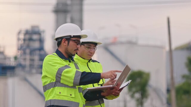 Expert construction managers analyzing production data on laptop outside the modern power station. Strict safety protocols protect valuable human resources daily. Quality output.