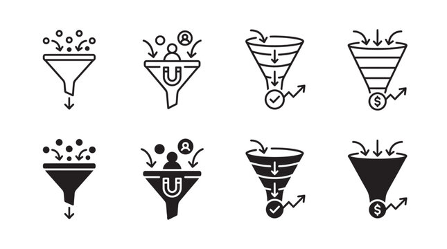 Lead generation and sales funnel icons collection with marketing generation conversion business analytics strategy