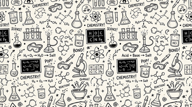 Chemistry science laboratory equipment and symbols seamless pattern on beige background transparent background