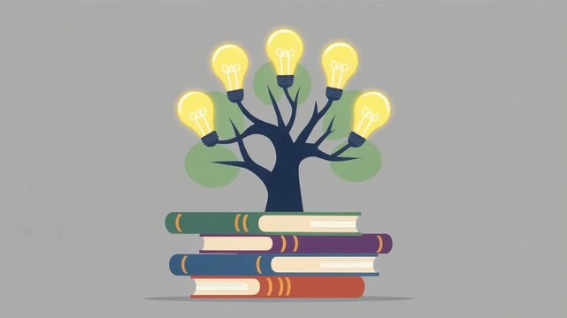 Knowledge tree animation with glowing light bulb fruits growing from a stack of colorful books for educational video project