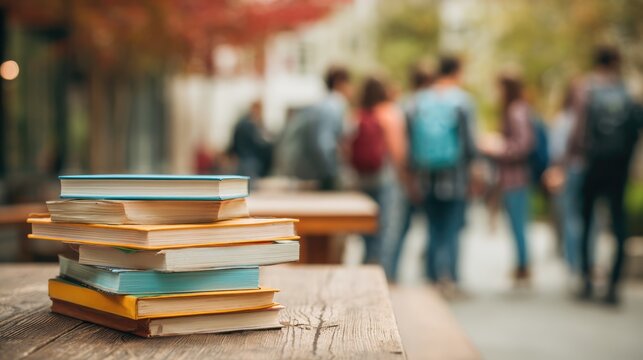 A close-up shot of vintage and textbook hardback books stacked on a rustic wooden table or bench outdoors. In the soft-focus, bokeh background, a group of college students walk through a sunny school 