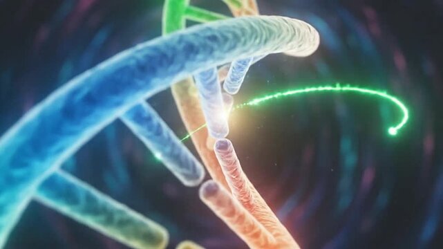 Colorful DNA double helix structure glowing in a dark scientific laboratory background