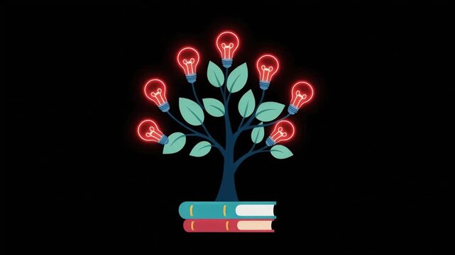 Knowledge tree growing from stacked books with glowing light bulbs animation representing creative learning and education video motion background concept