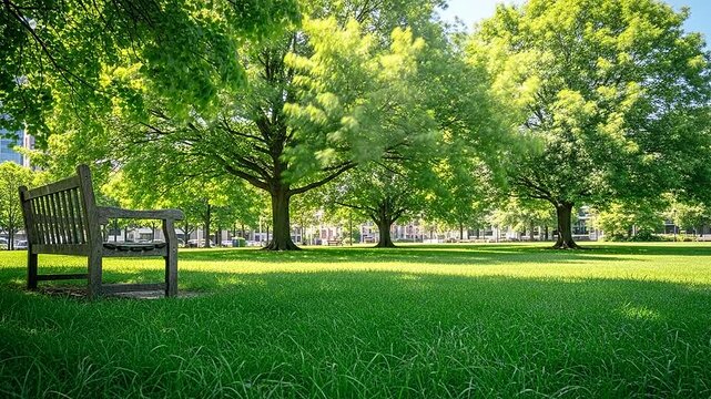 Empty wooden bench on a lush green lawn in a sunny city park