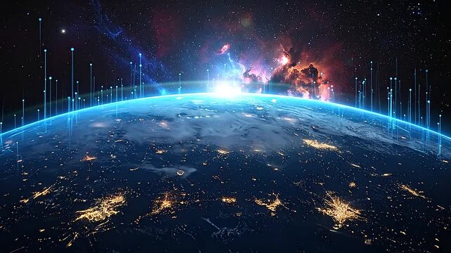 Futuristic digital earth with glowing data lines and city lights in deep space
