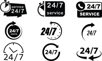 Fototapeta premium 24 7 Service Icon set Vector Customer Support Symbol Call Center Assistance Help Hotline Contact Communication Business Minimal Design Set Collection Group.