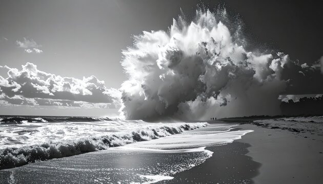 Monochrome Seascape - Powerful Waves Crashing on Shore Under Dramatic Sky.